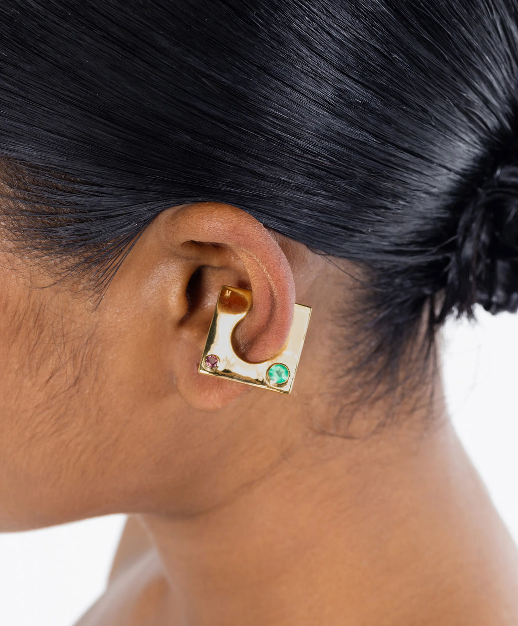 Silver Edge Ear Cuff with sparkling gem accents from MAISON MEGH jewelry, designed to fit comfortably on the ear.