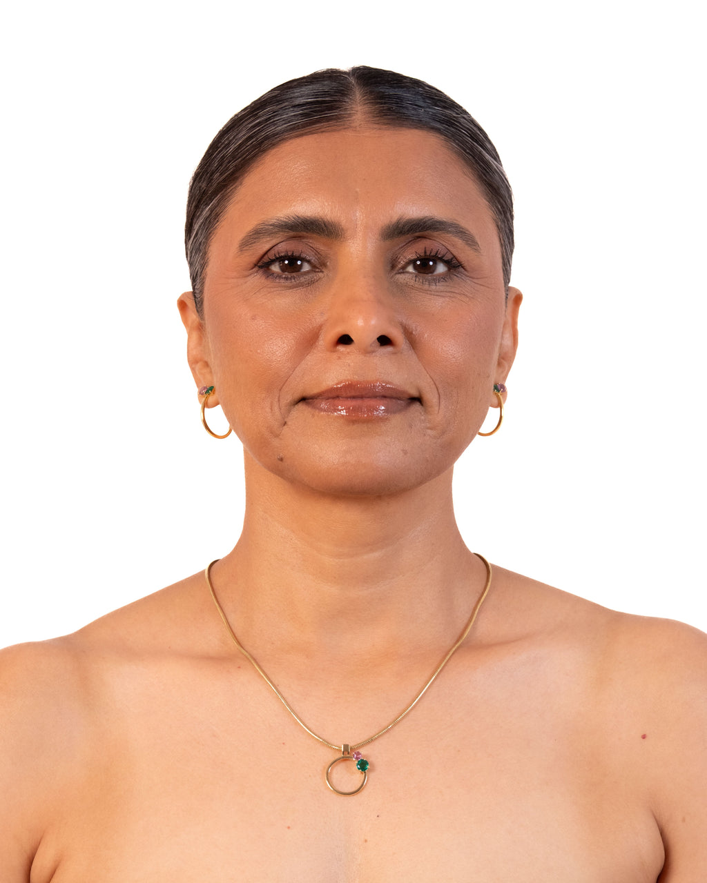 Gold MTW Duo Pendant necklace by MAISON MEGH featuring two interconnected circular pendants on a delicate chain.